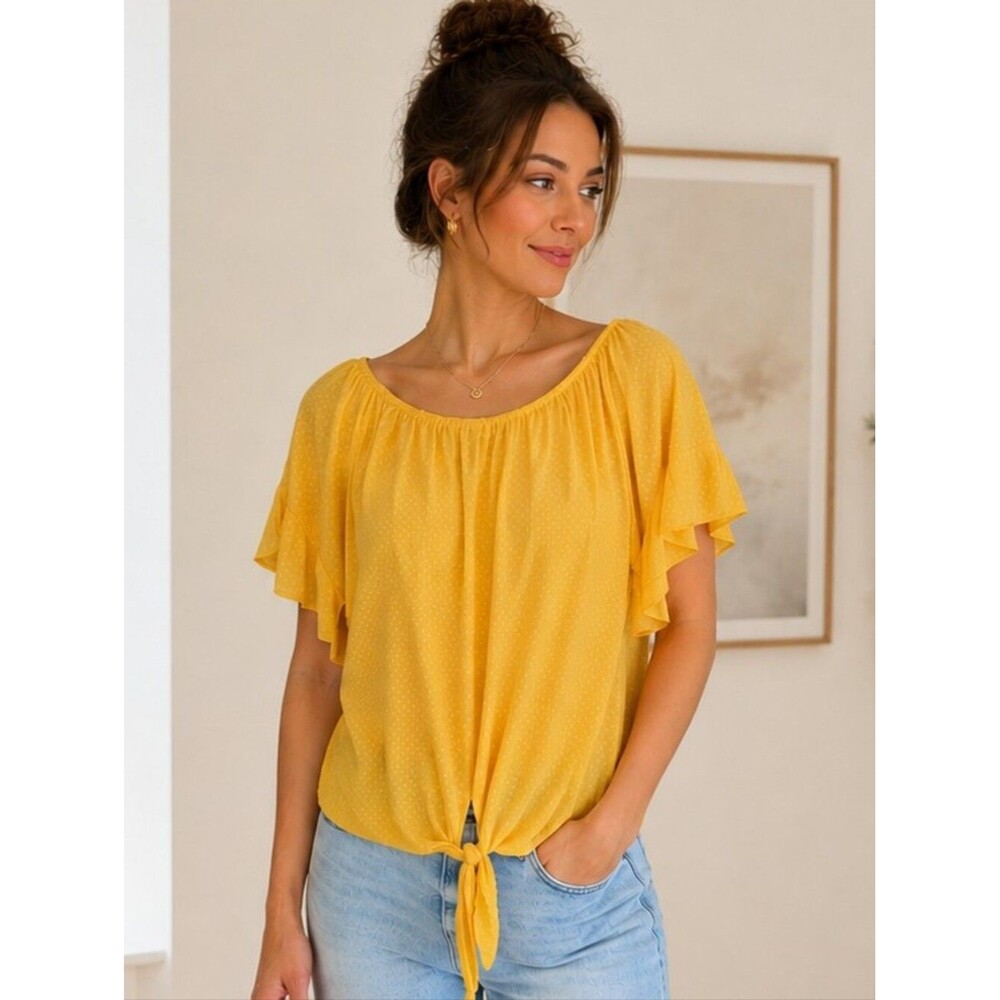 Zac And Rachel Sunny Yellow Tie-Front Flutter Sleeve Blouse XL - Picture 8 of 8